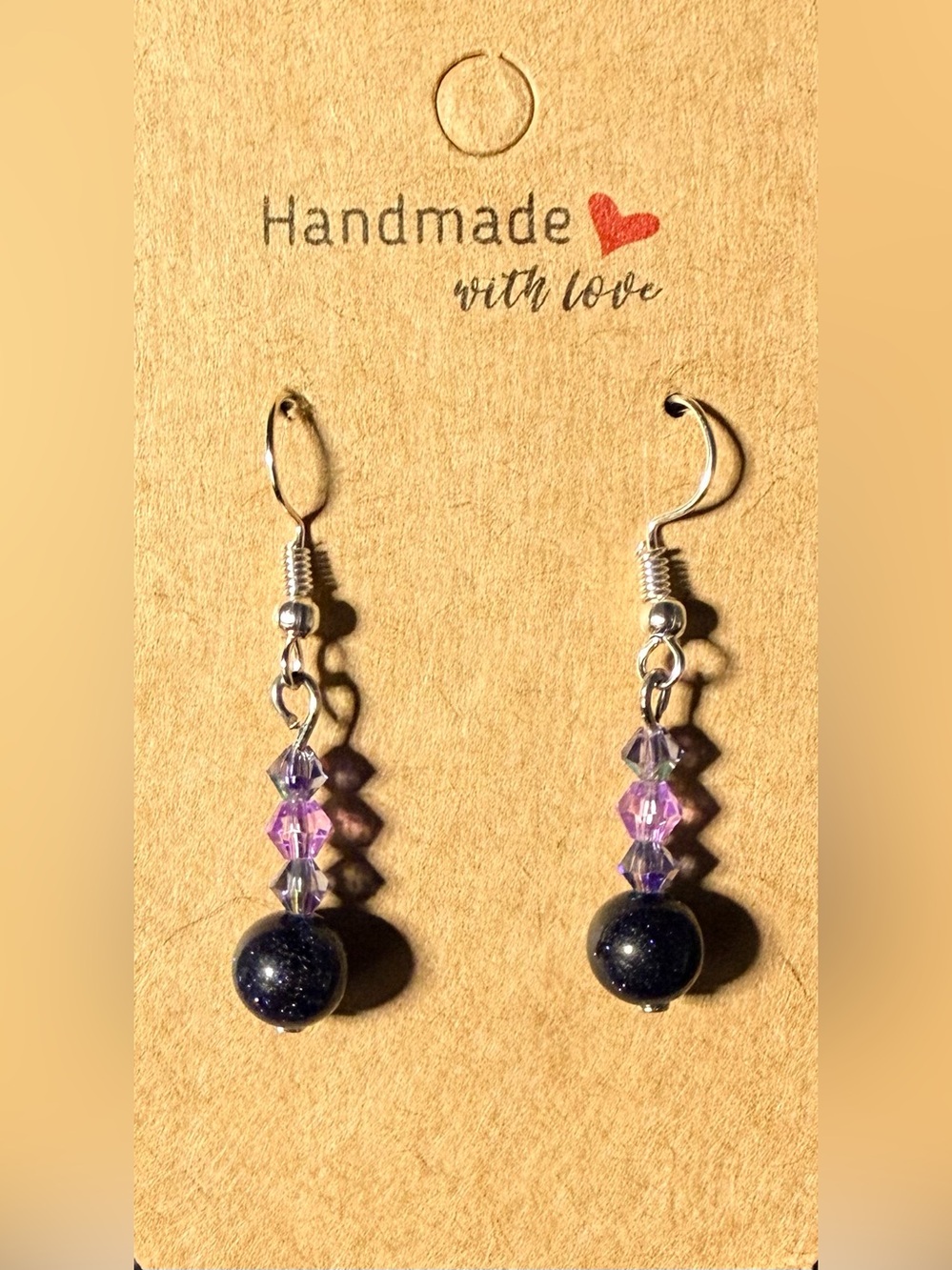 ✨Handmade✨ Silver-Tone Earrings with Purple Crystal and Navy Blue Beads
